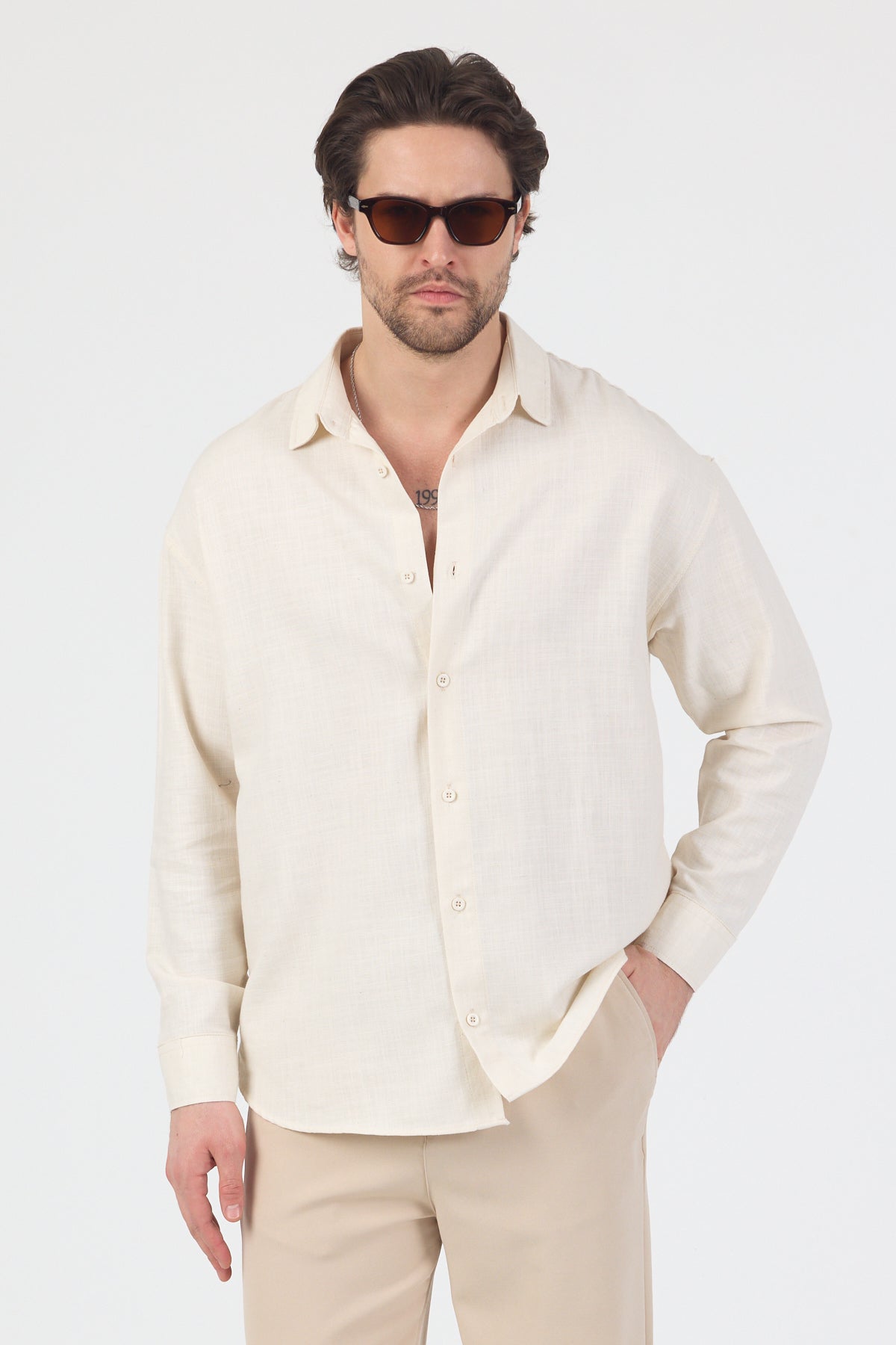 Erkek Pamuklu Keten Görünümlü Gömlek Bej