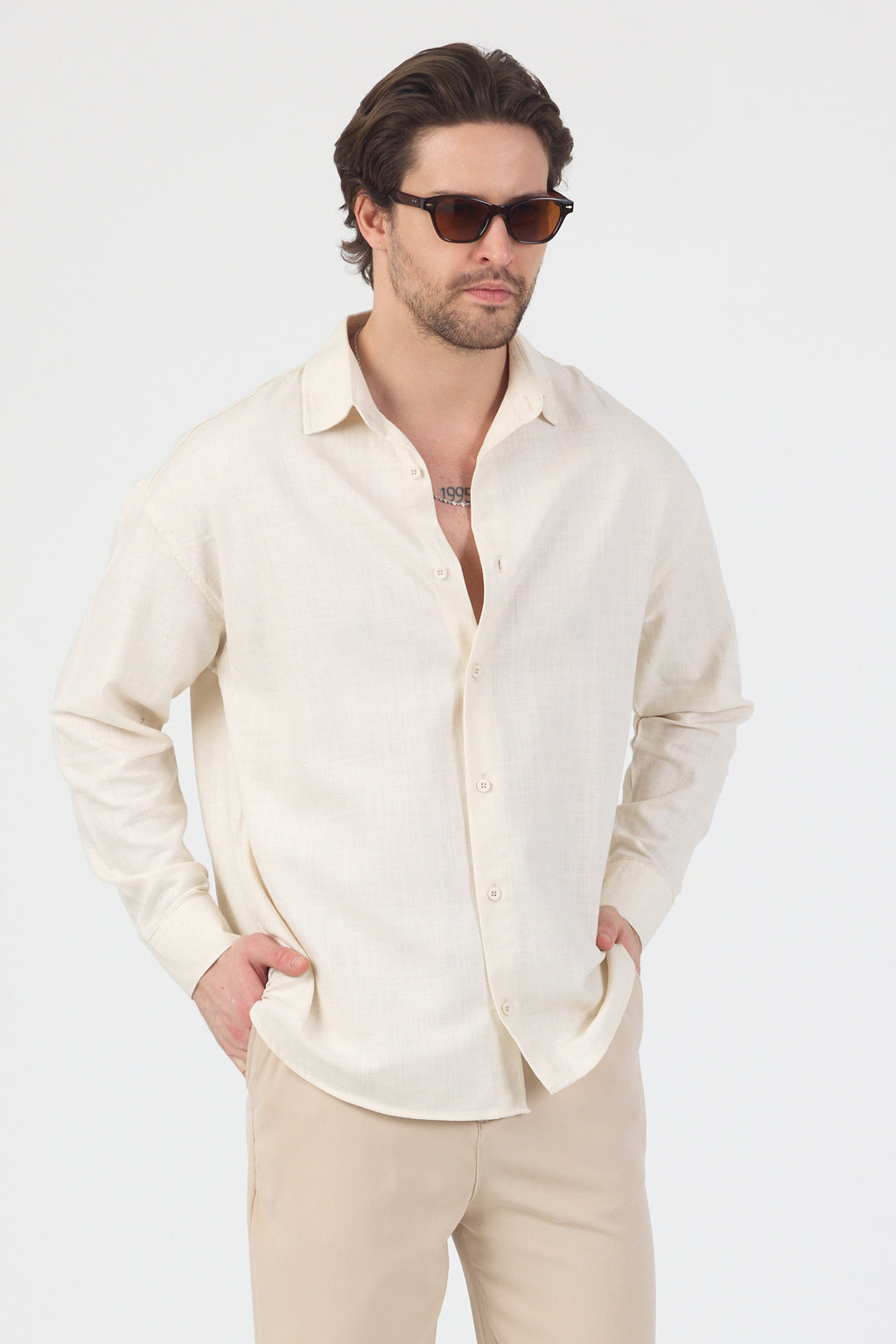Erkek Pamuklu Keten Görünümlü Gömlek Bej