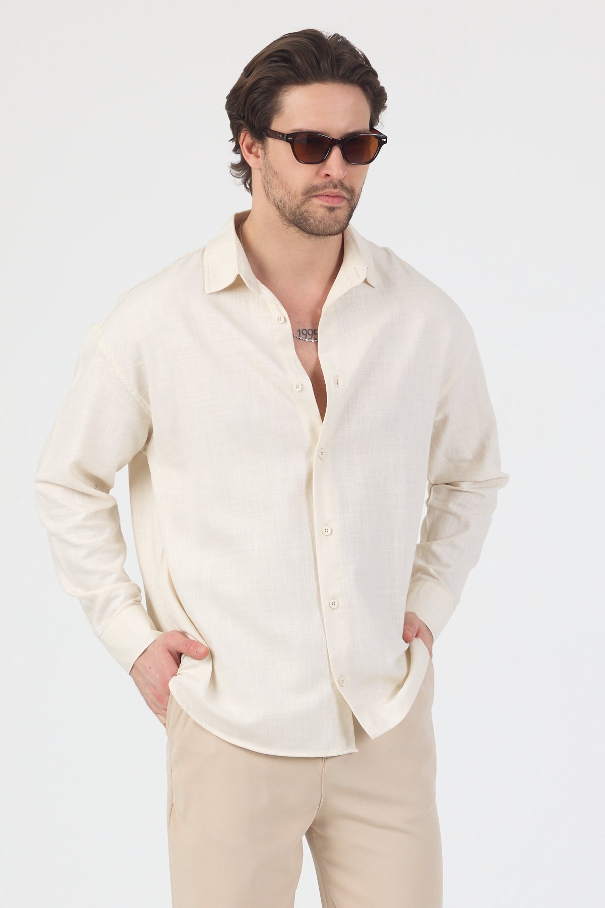 Erkek Pamuklu Keten Görünümlü Gömlek Bej