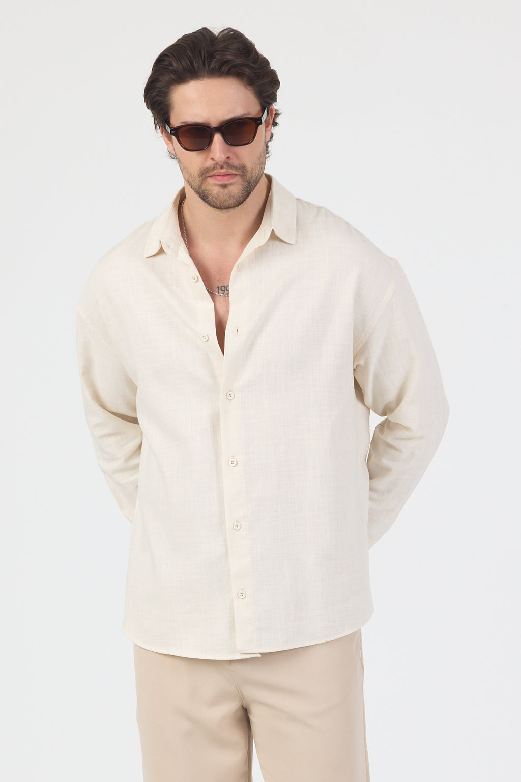 Erkek Pamuklu Keten Görünümlü Gömlek Bej