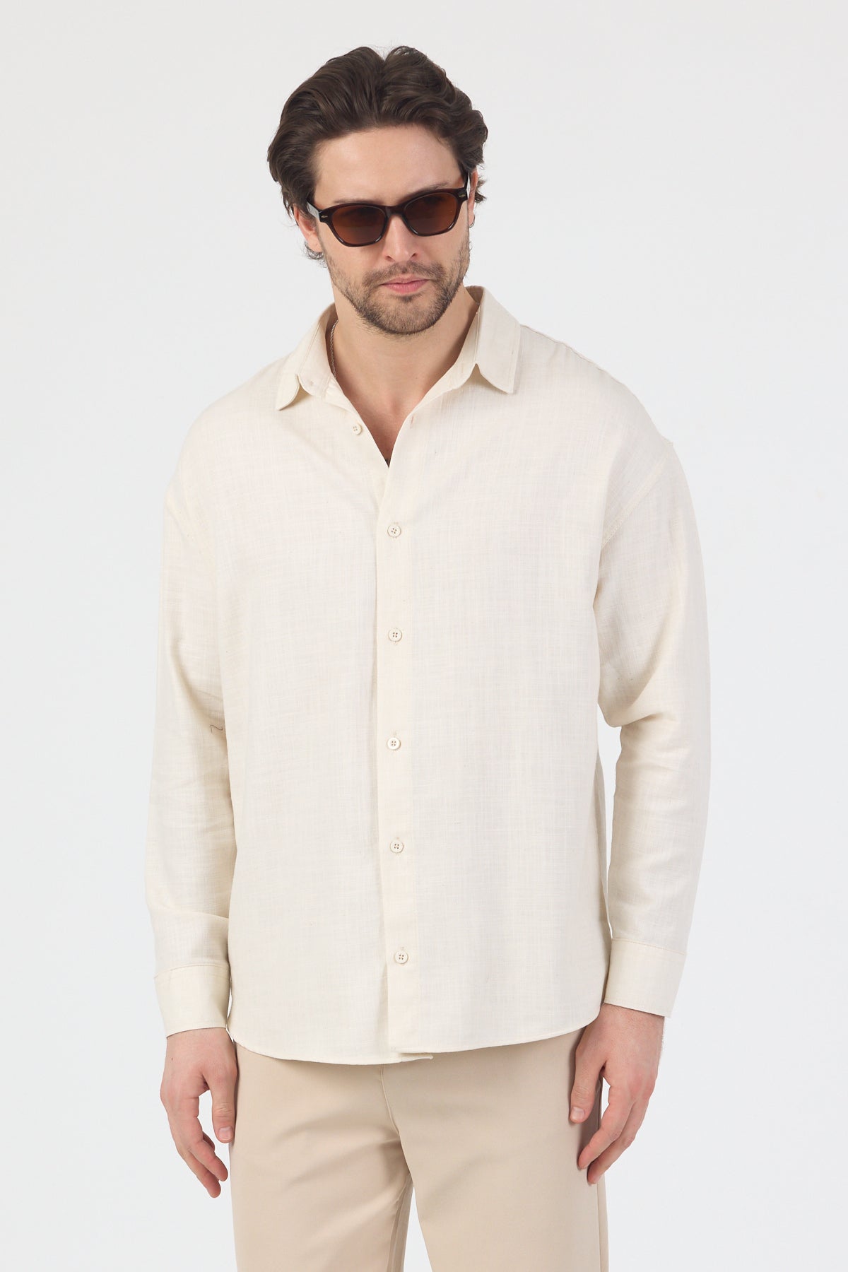 Erkek Pamuklu Keten Görünümlü Gömlek Bej