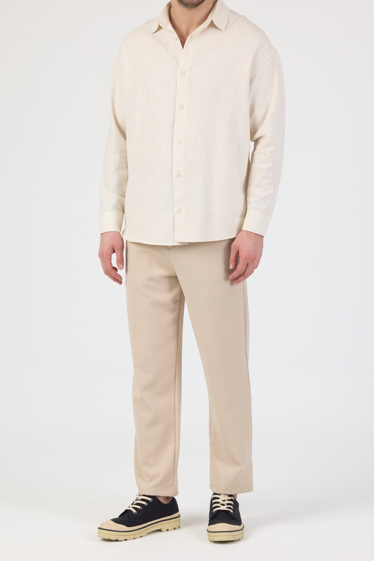 Erkek Pamuklu Keten Görünümlü Gömlek Bej