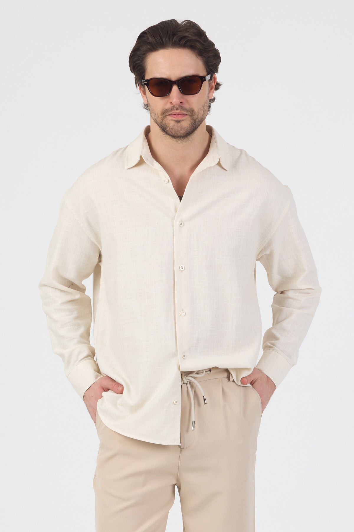 Erkek Pamuklu Keten Görünümlü Gömlek Bej