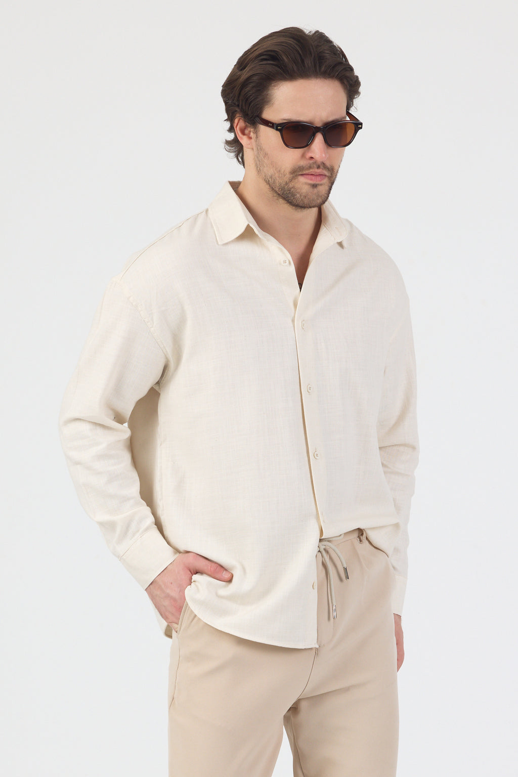 Erkek Pamuklu Keten Görünümlü Gömlek Bej