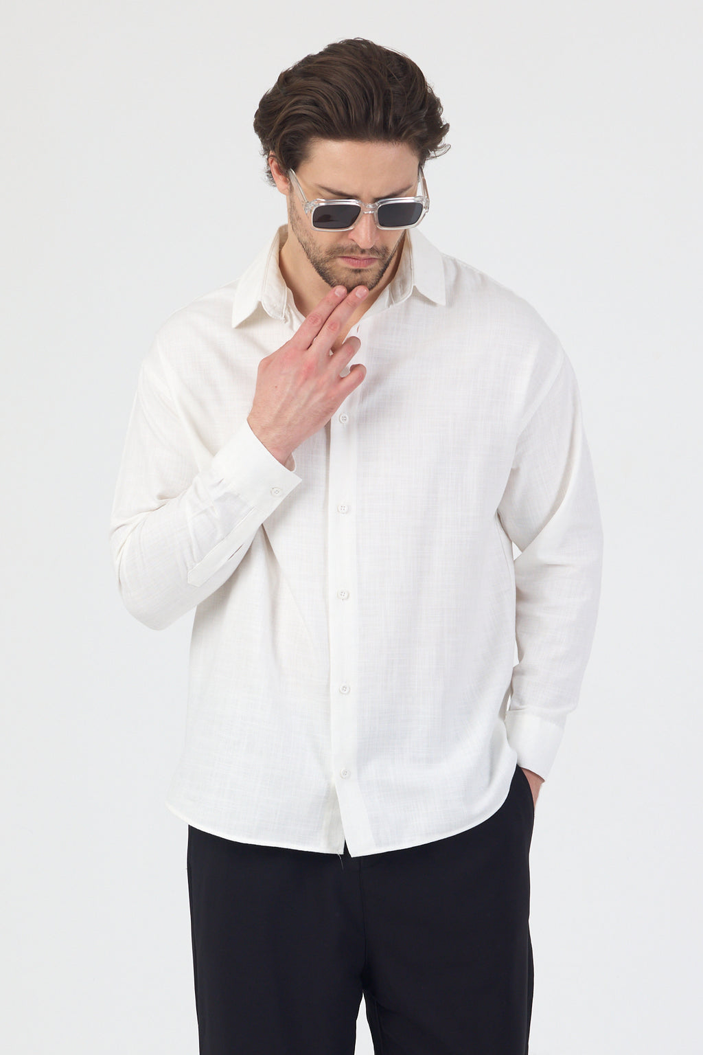 Erkek Pamuklu Keten Görünümlü Gömlek Beyaz