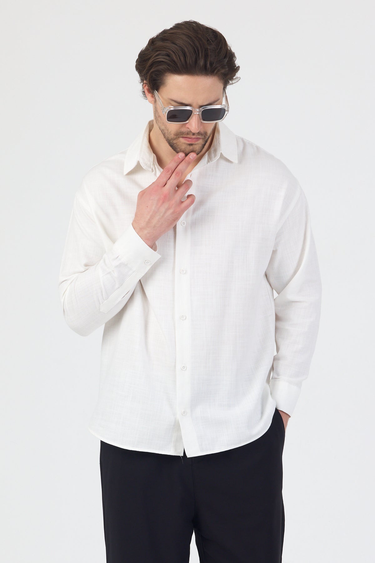 Erkek Pamuklu Keten Görünümlü Gömlek Beyaz