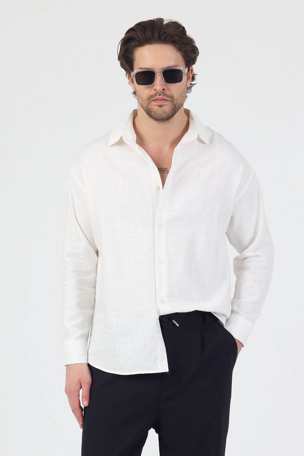 Erkek Pamuklu Keten Görünümlü Gömlek Beyaz
