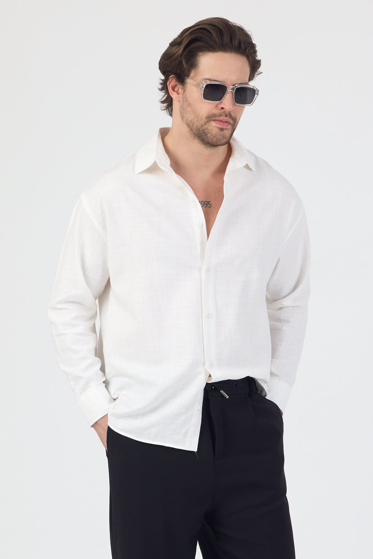 Erkek Pamuklu Keten Görünümlü Gömlek Beyaz