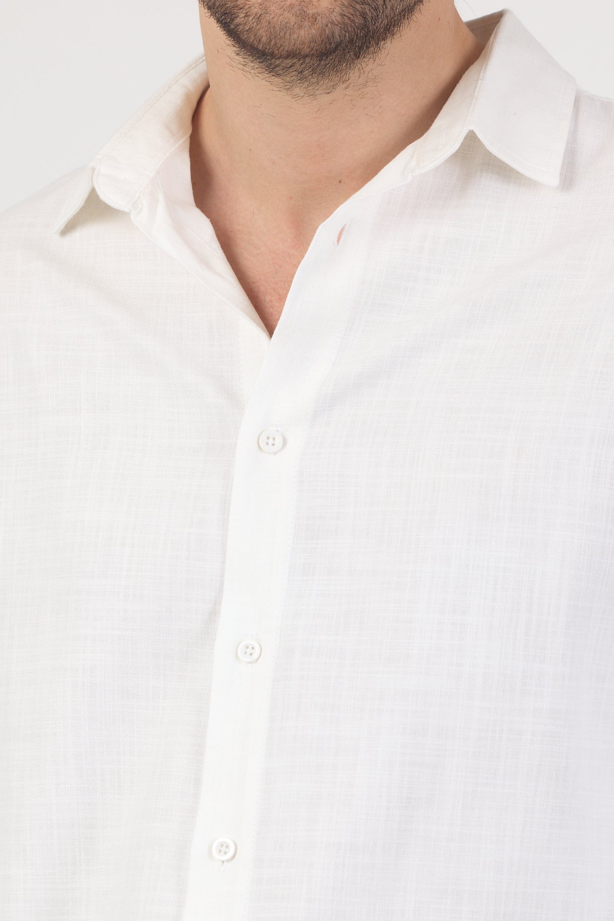 Erkek Pamuklu Keten Görünümlü Gömlek Beyaz