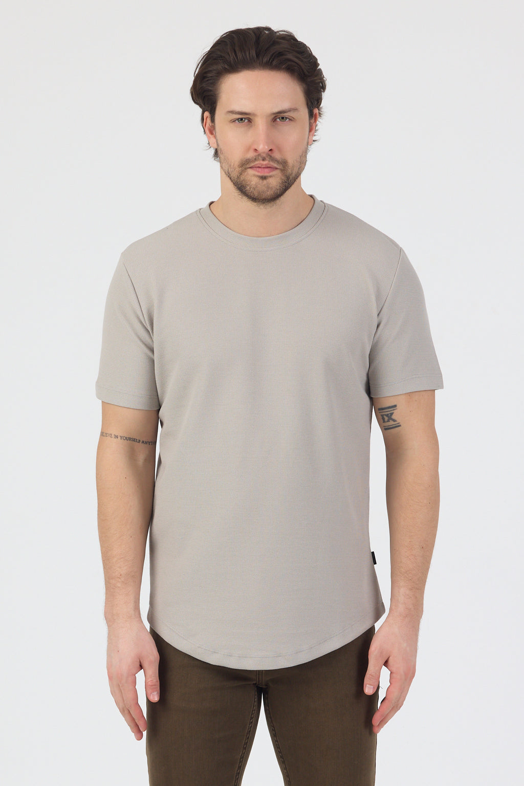 Erkek Pirinç Dokulu Örme Basic Tshirt Gri