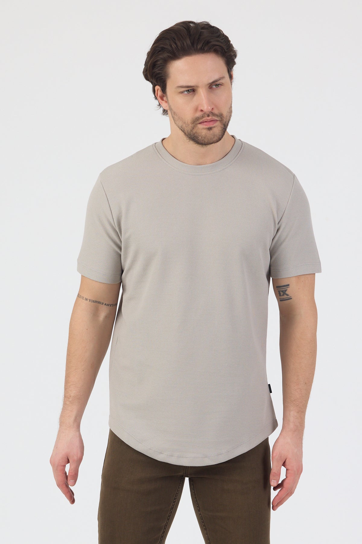 Erkek Pirinç Dokulu Örme Basic Tshirt Gri