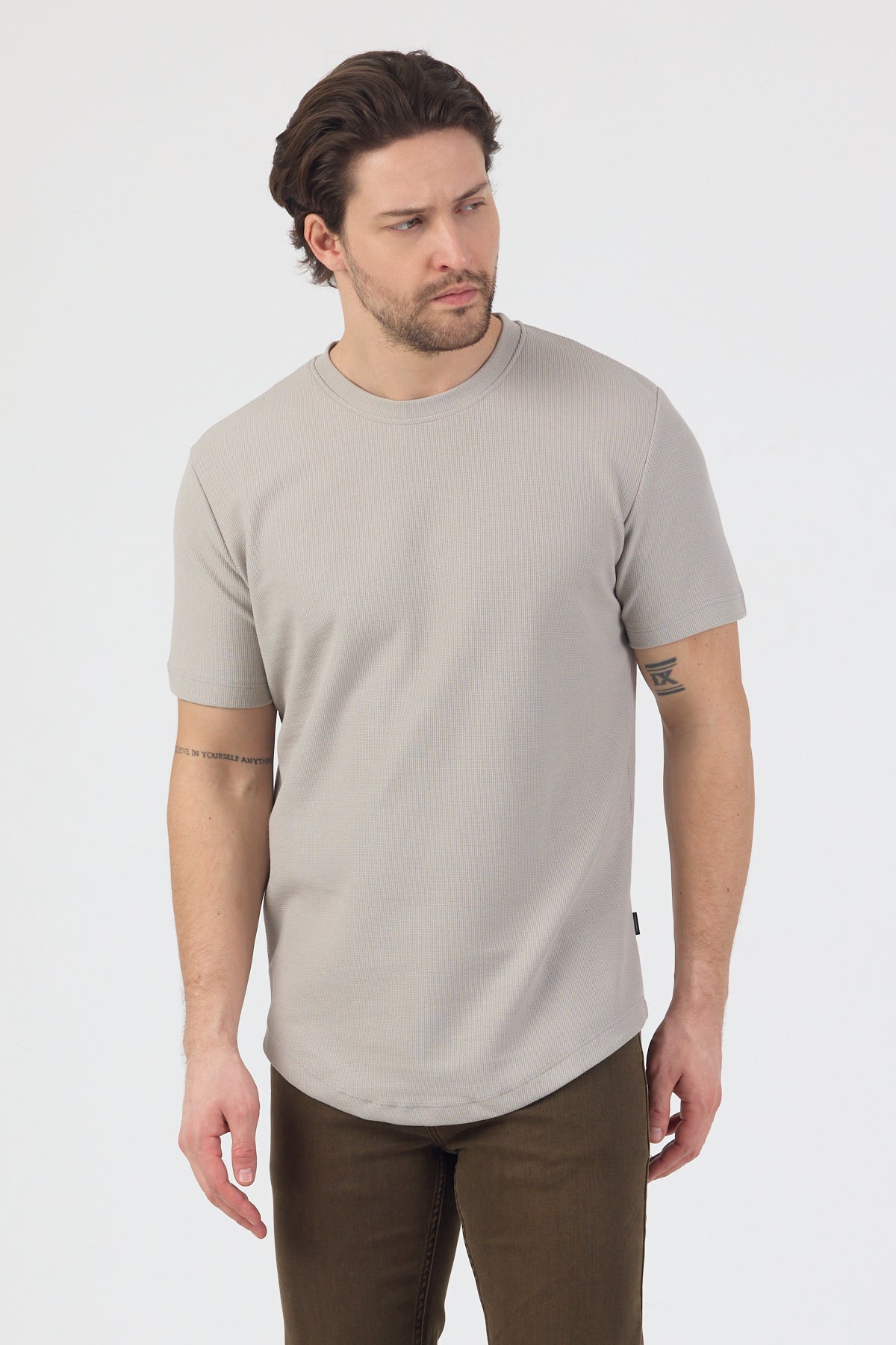 Erkek Pirinç Dokulu Örme Basic Tshirt Gri