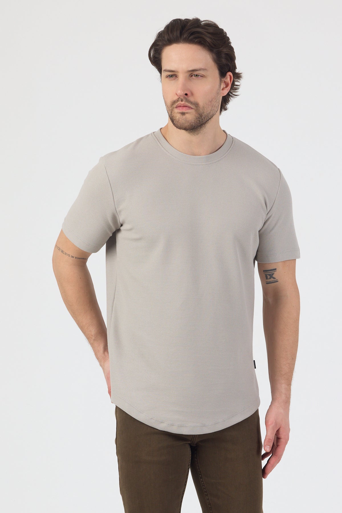 Erkek Pirinç Dokulu Örme Basic Tshirt Gri