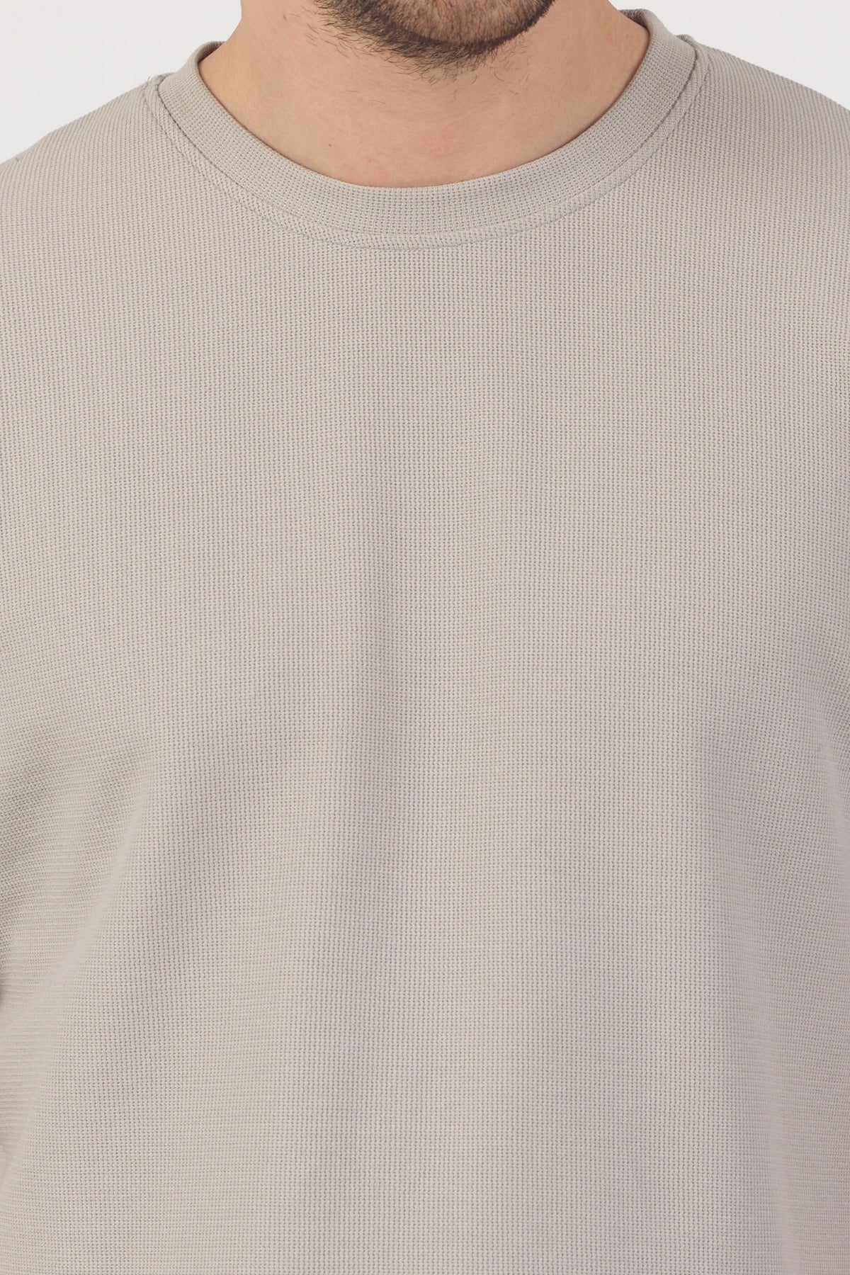 Erkek Pirinç Dokulu Örme Basic Tshirt Gri