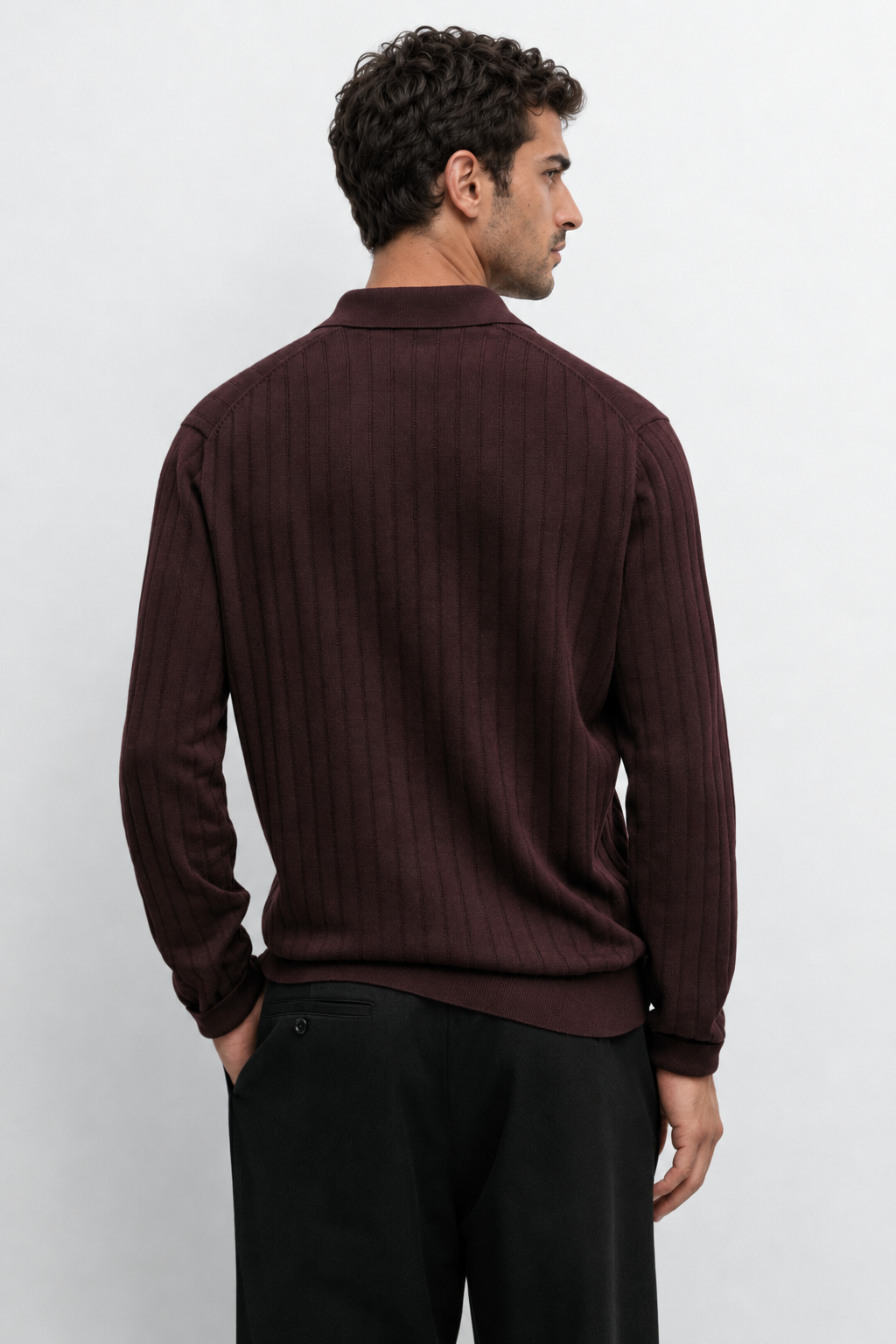 Erkek Polo Yaka Fitilli Triko Kazak Bordo