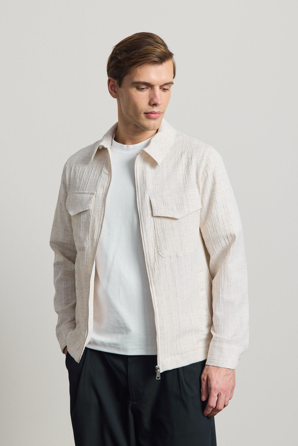 Erkek Premium Keten Gömlek Ceket Ekru