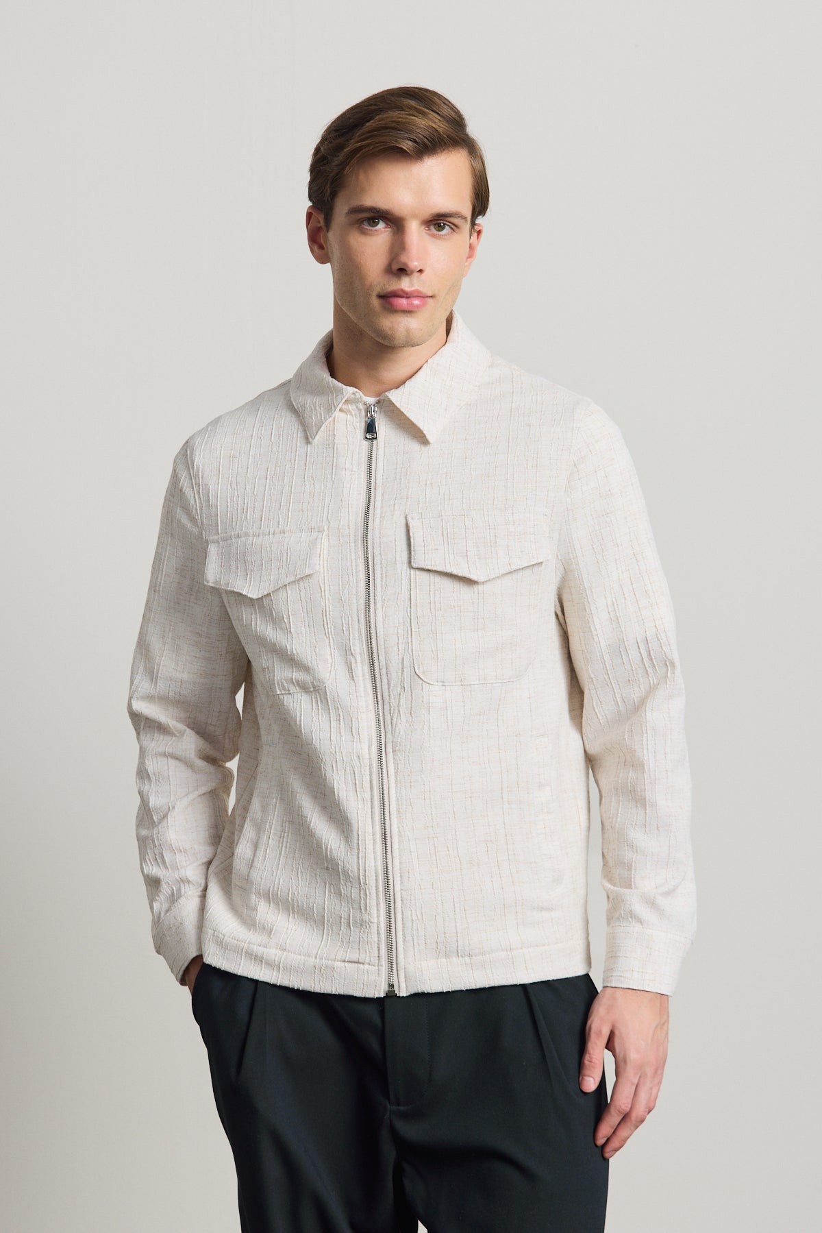 Erkek Premium Keten Gömlek Ceket Ekru