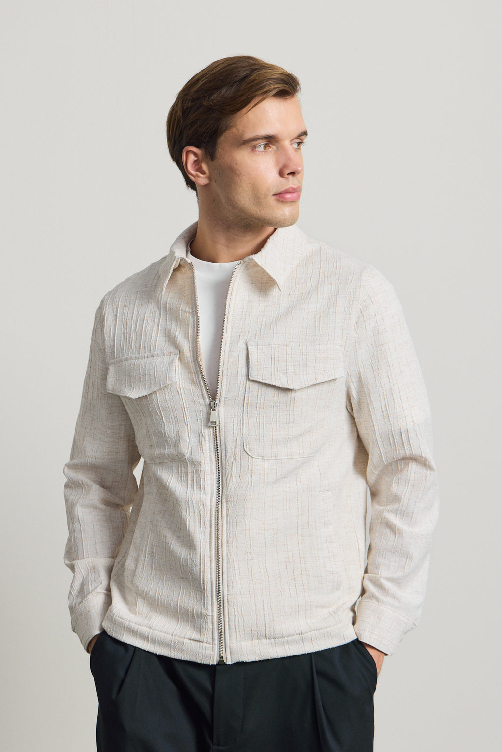 Erkek Premium Keten Gömlek Ceket Ekru