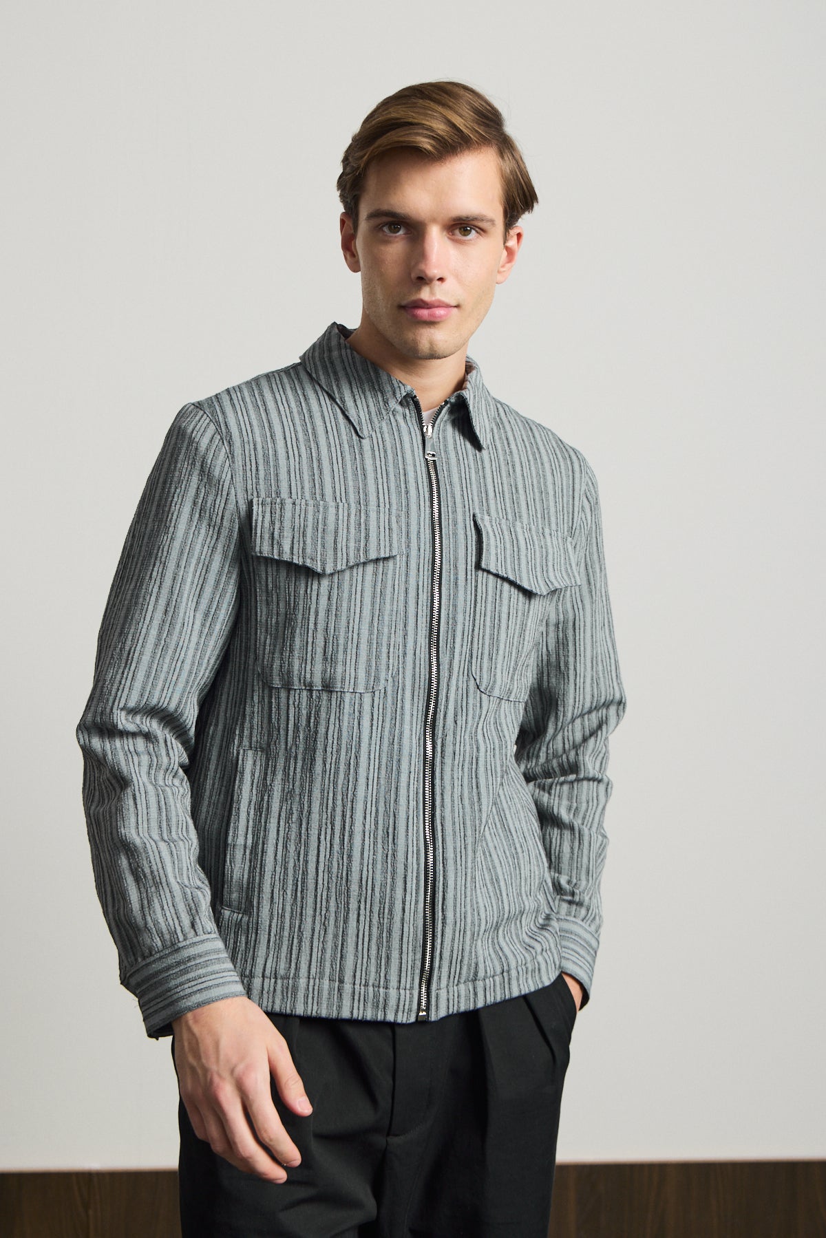 Erkek Premium Keten Gömlek Ceket Gri