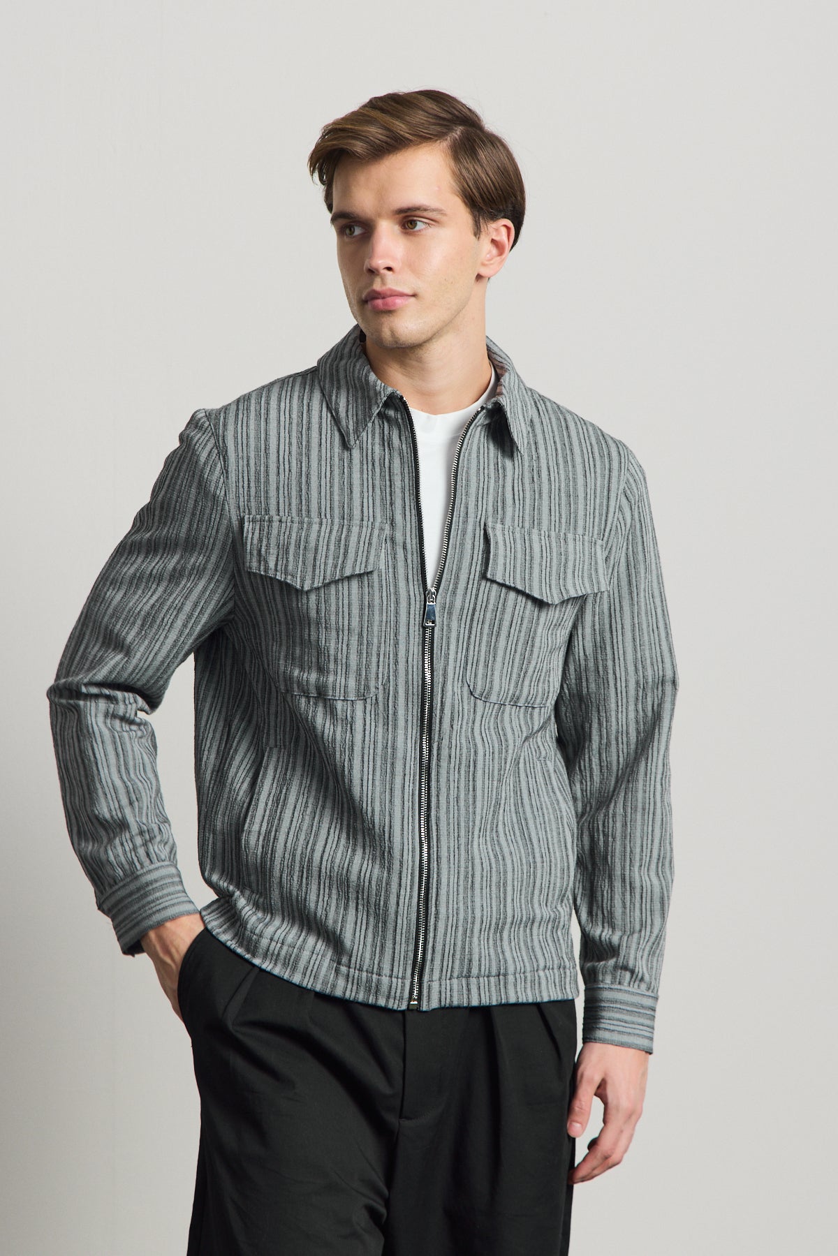 Erkek Premium Keten Gömlek Ceket Gri