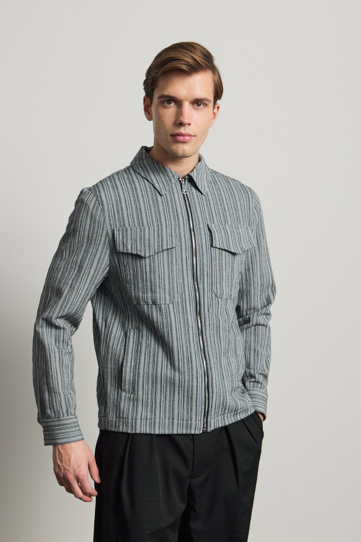 Erkek Premium Keten Gömlek Ceket Gri
