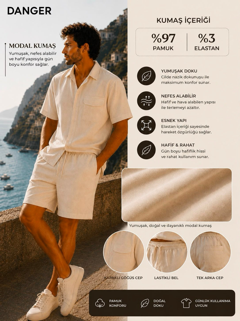 Erkek Premium Kumaş Modal Şort Slim Fit Takım Bej 2018DNGR