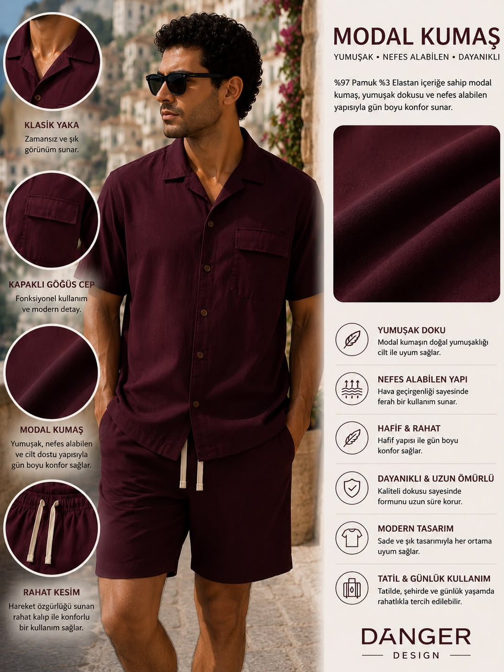 Erkek Premium Kumaş Modal Şort Slim Fit Takım Bordo 2018DNGR