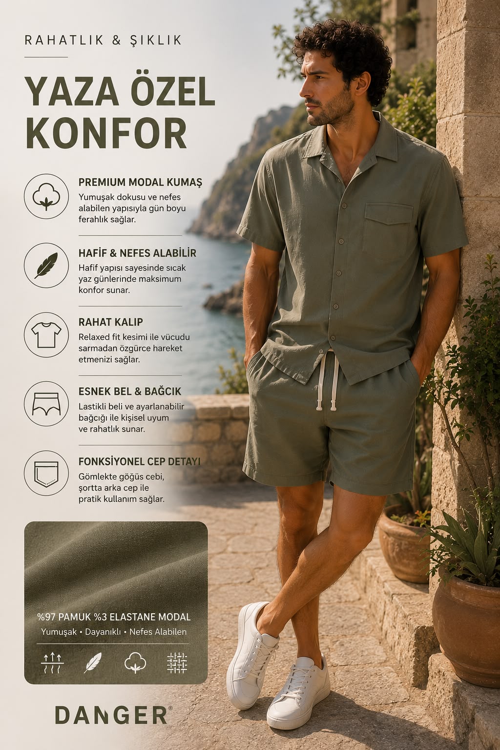 Erkek Premium Kumaş Modal Şort Slim Fit Takım Haki 2018DNGR