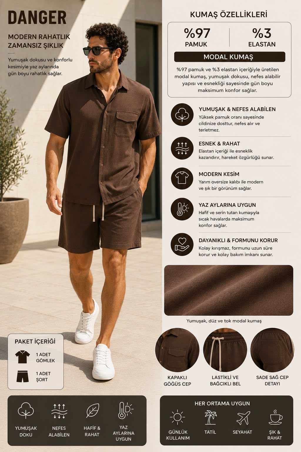 Erkek Premium Kumaş Modal Şort Slim Fit Takım Kahverengi 2018DNGR