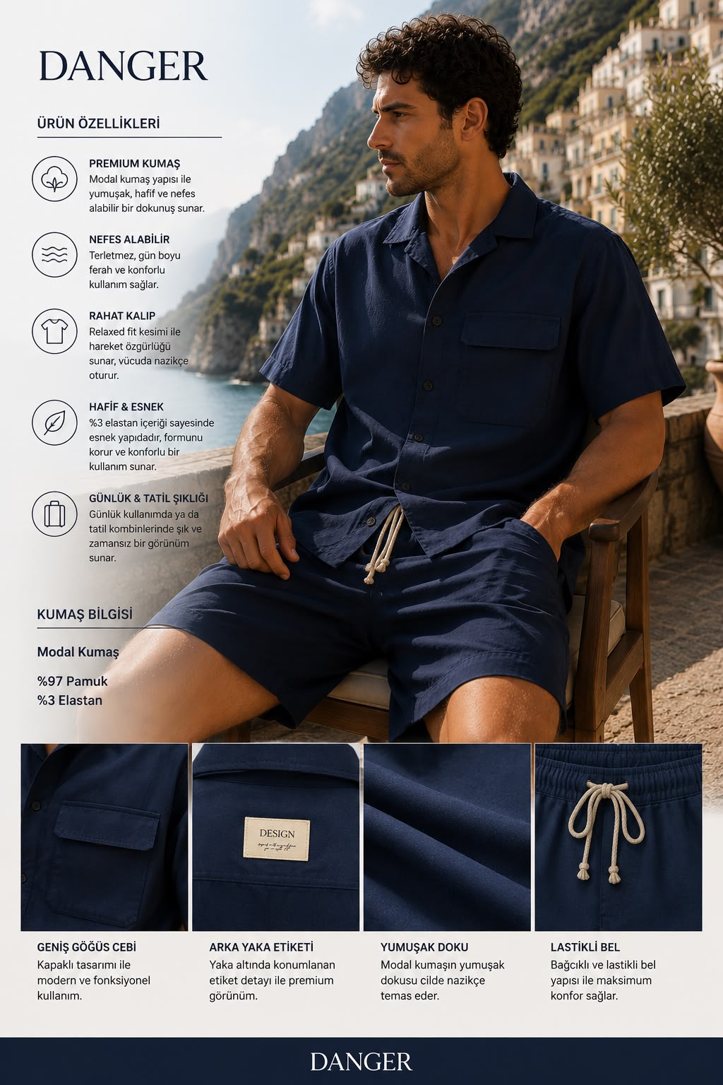 Erkek Premium Kumaş Modal Şort Slim Fit Takım Lacivert 2018DNGR