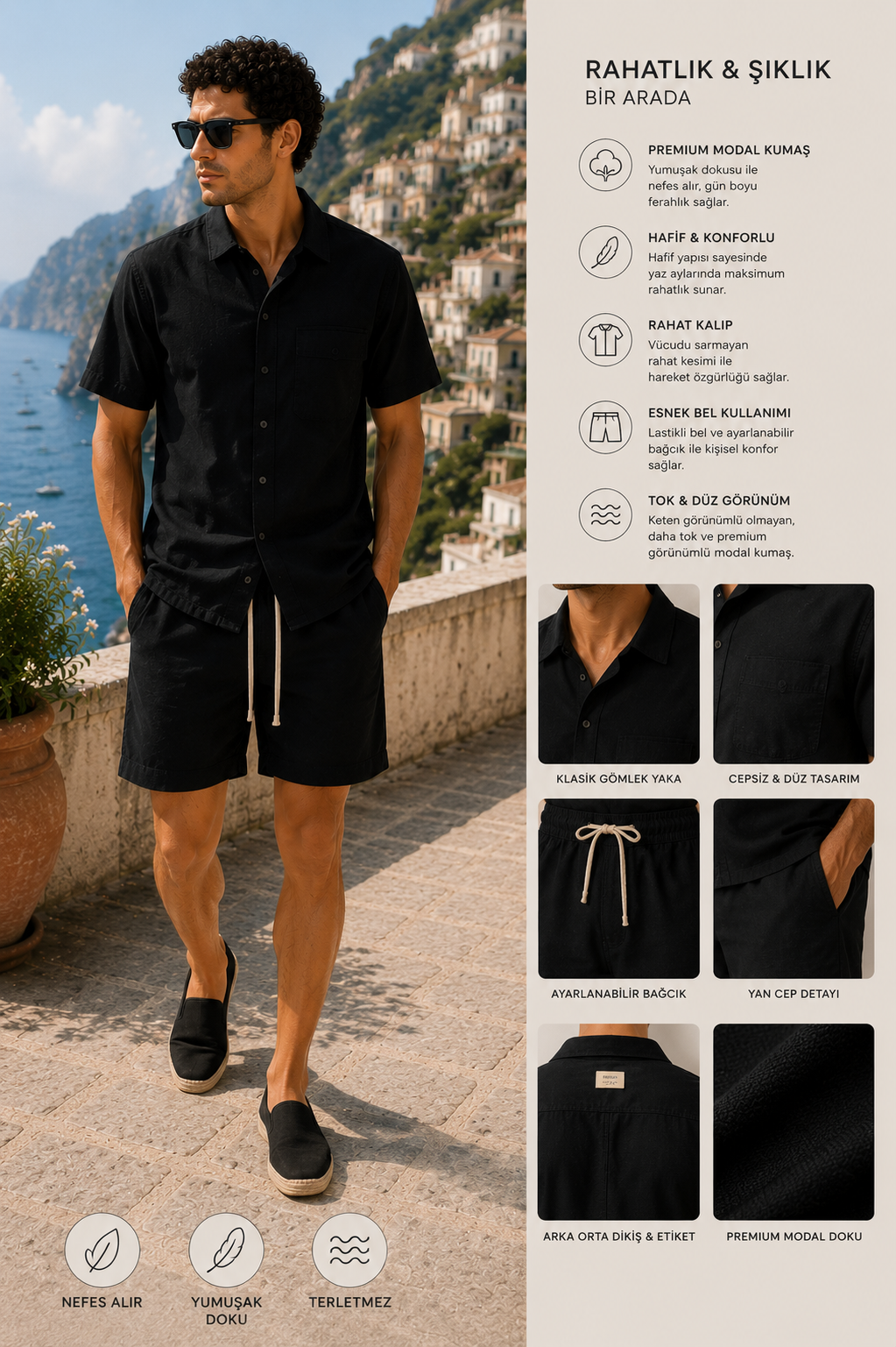 Erkek Premium Kumaş Modal Şort Slim Fit Takım Siyah 2018DNGR