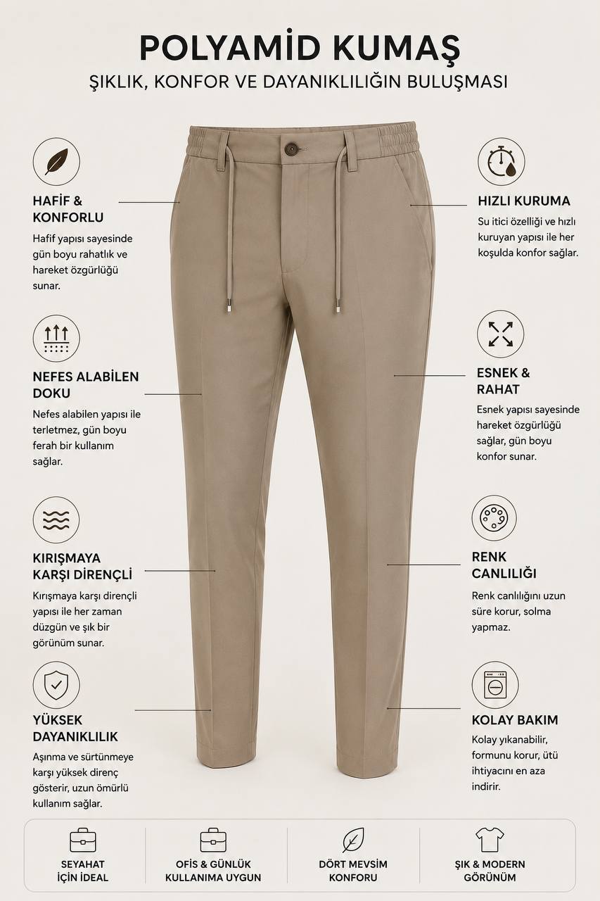 Erkek Premium Poliamid Kumaş Comfort Fit Jogger Bej Pantolon - 252DNGR