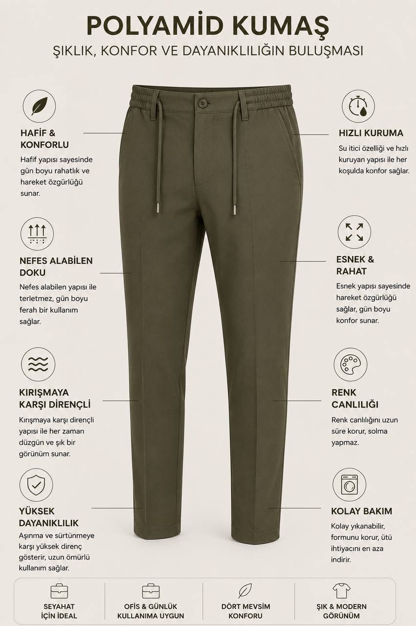 Erkek Premium Poliamid Kumaş Comfort Fit Jogger Haki Pantolon - 252DNGR