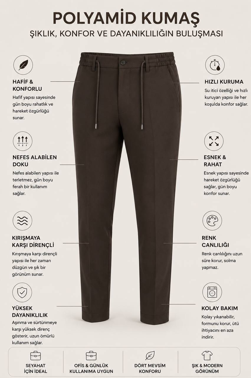Erkek Premium Poliamid Kumaş Comfor-Fit Jogger Kahverengi Pantolon - 252DNGR