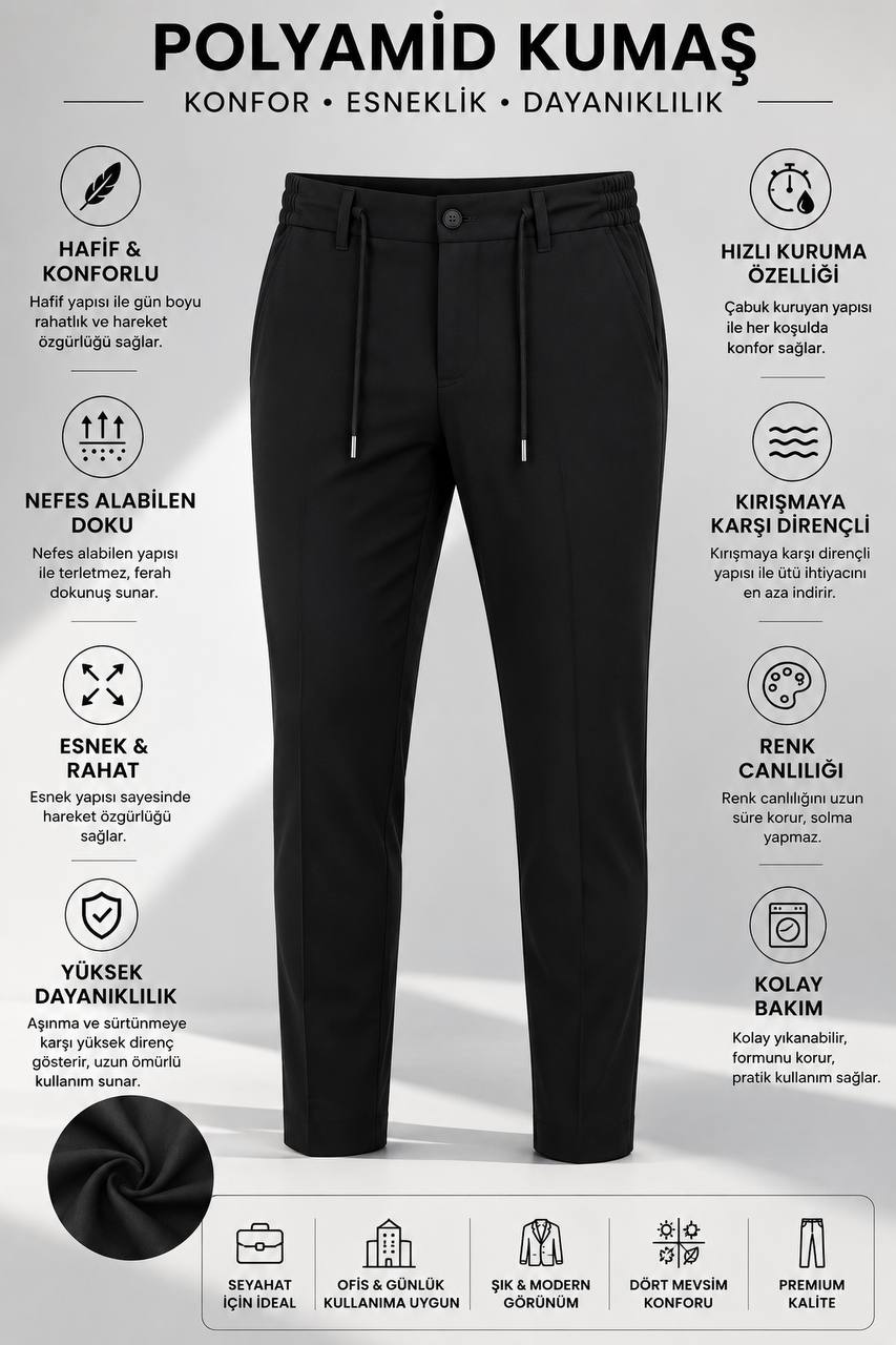 Erkek Premium Poliamid Kumaş Comfort Fit Jogger Siyah Pantolon - 252DNGR