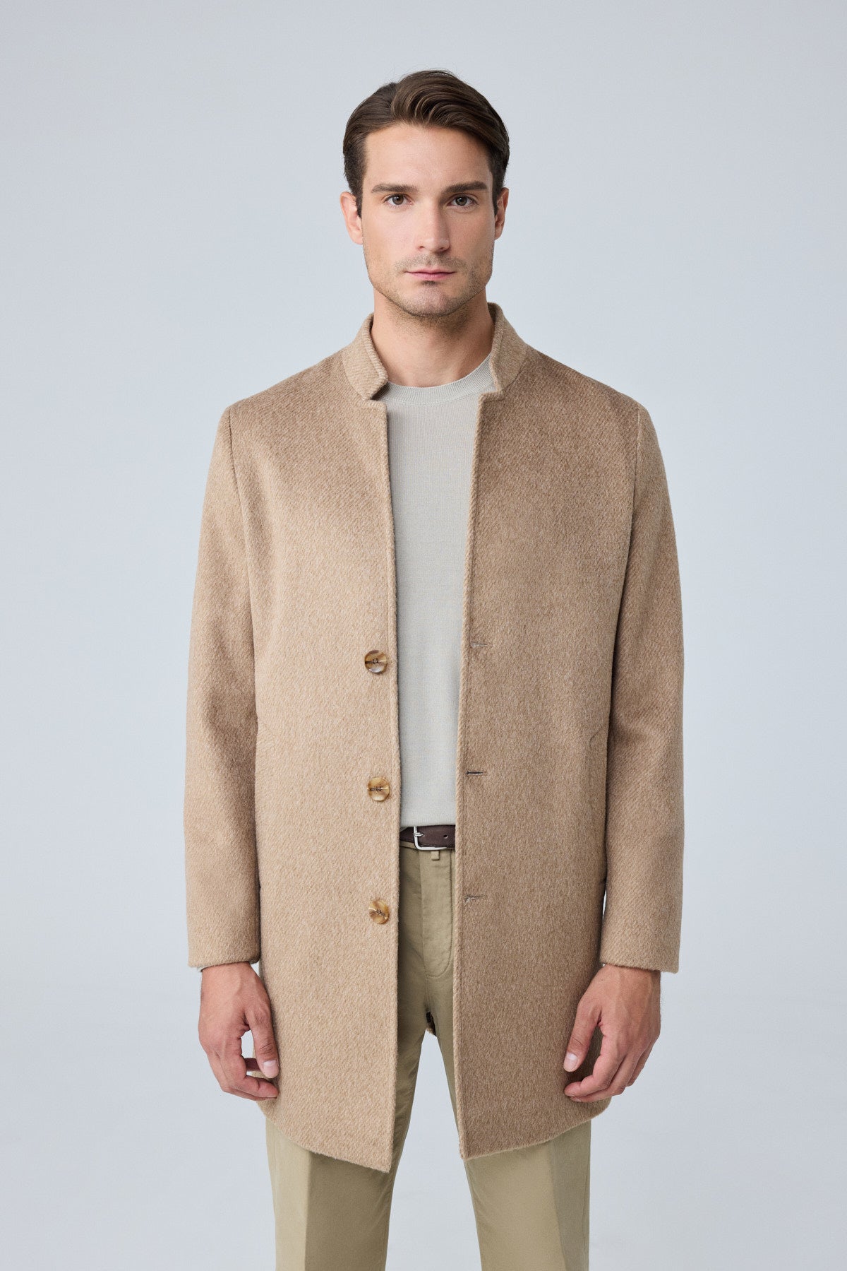 Erkek Relaxed-Fit Premium Yün Kaşe Kaban BEJ 4351DNGR