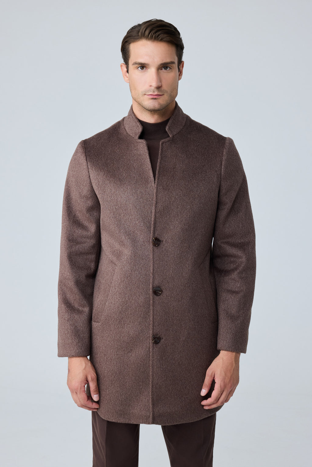 Erkek Relaxed-Fit Premium Yün Kaşe Kaban Kahverengi 4351DNGR
