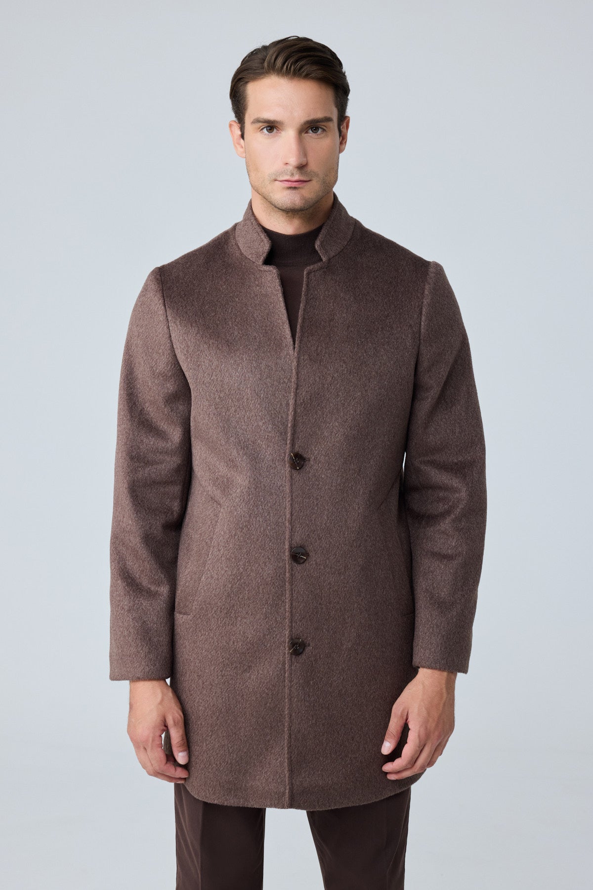 Erkek Relaxed-Fit Premium Yün Kaşe Kaban Kahverengi 4351DNGR