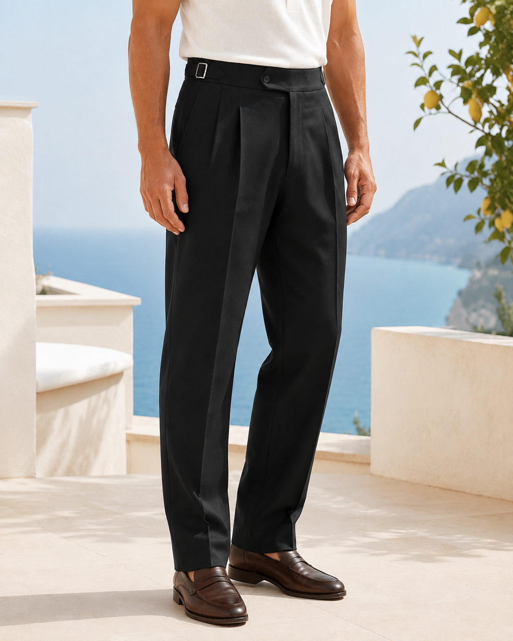 Erkek Viskon Karışımlı Yan Tokalı Pileli Baggy Pantolon Siyah 0171DNGR