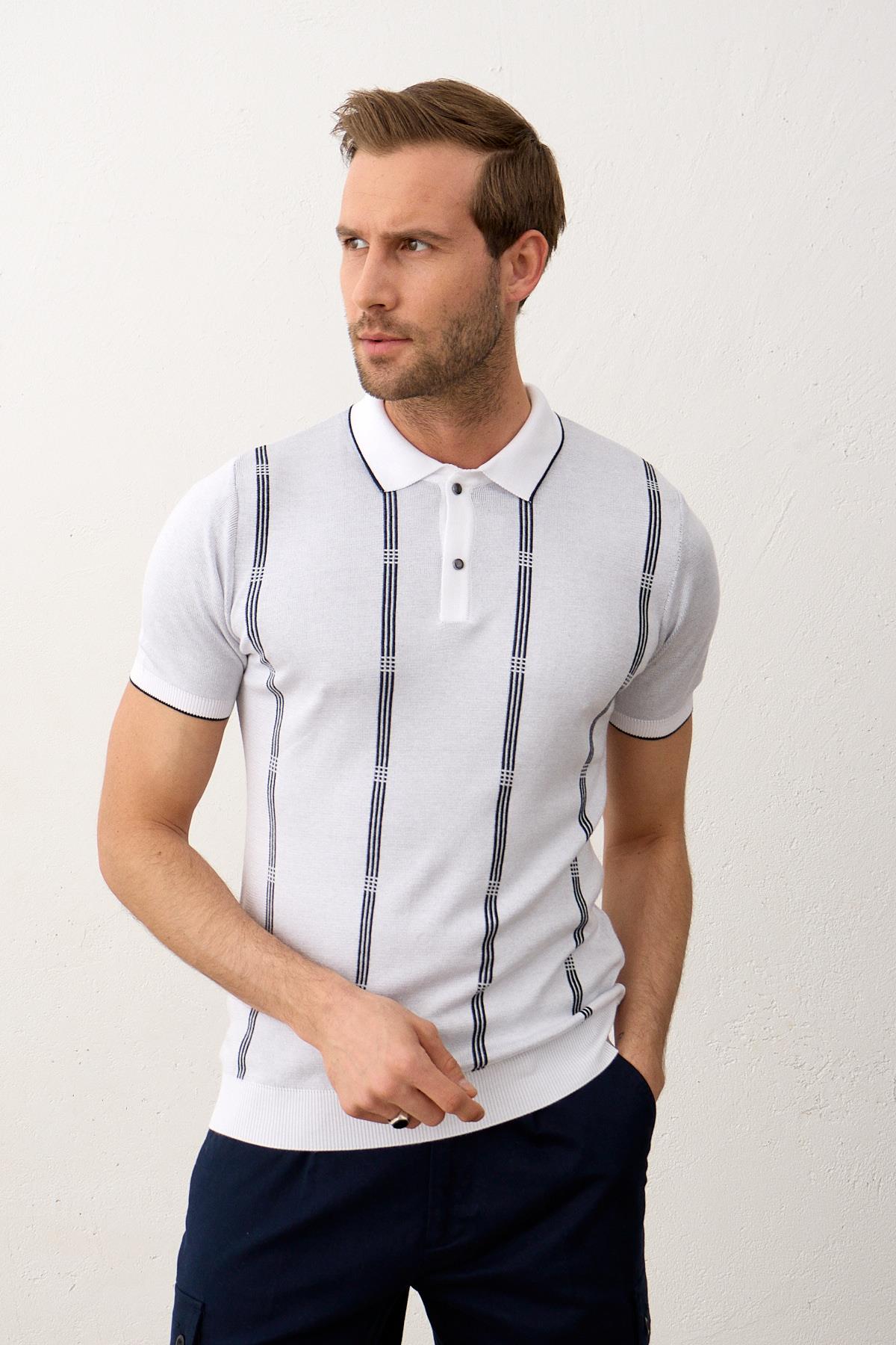 Erkek Slim-Fit Polo Yaka İnce Triko T-shirt Beyaz 5012DNGR