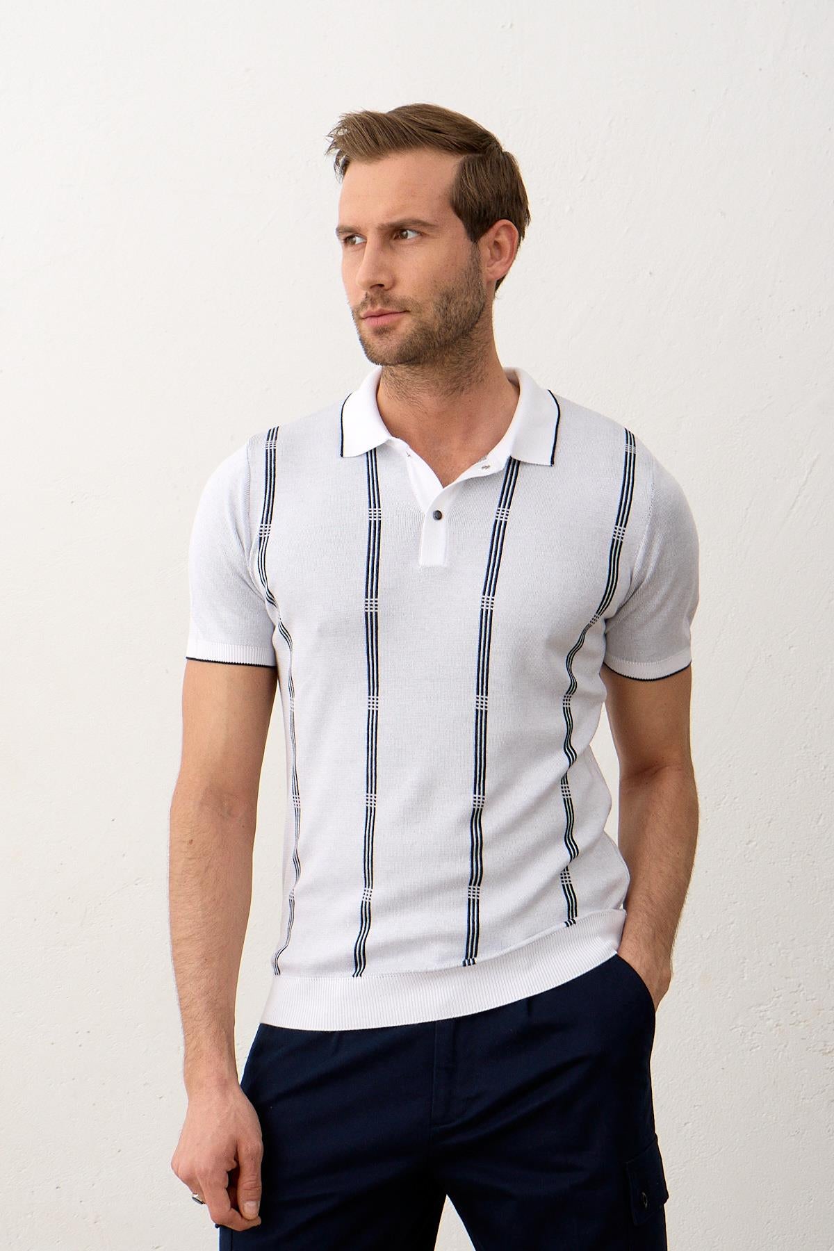Erkek Slim-Fit Polo Yaka İnce Triko T-shirt Beyaz 5012DNGR