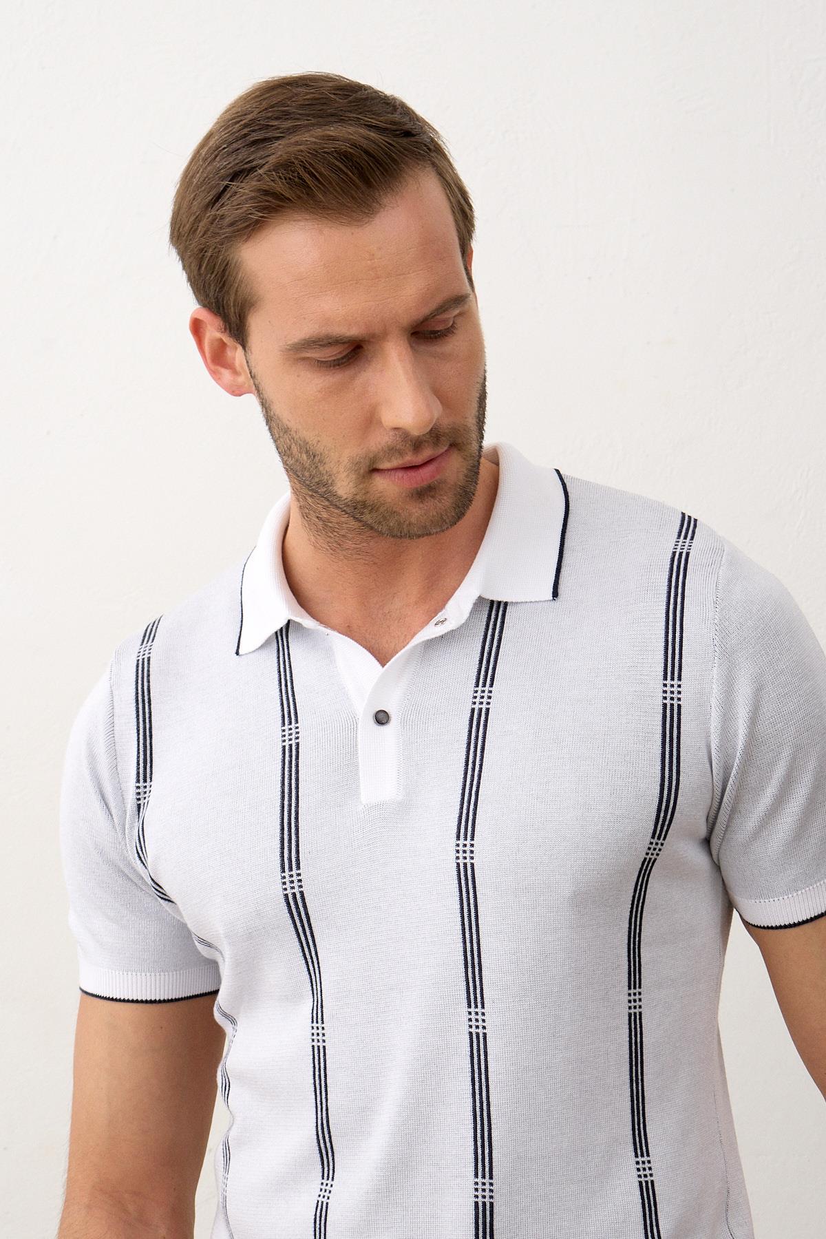 Erkek Slim-Fit Polo Yaka İnce Triko T-shirt Beyaz 5012DNGR