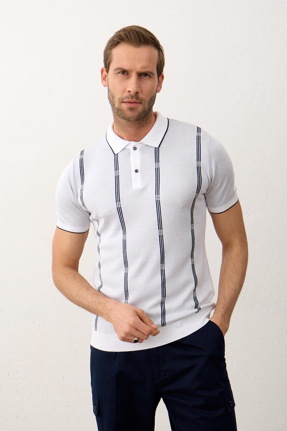 Erkek Slim-Fit Polo Yaka İnce Triko T-shirt Beyaz 5012DNGR