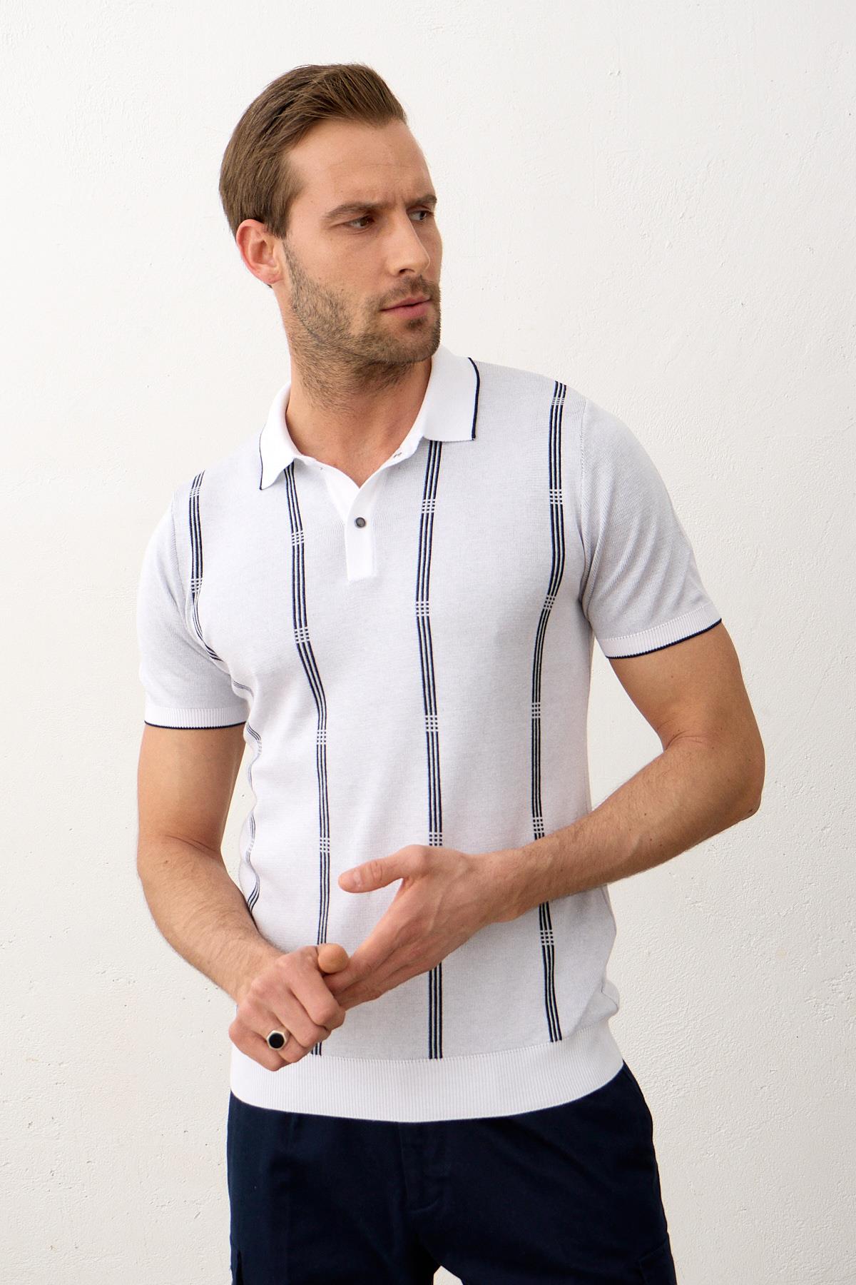 Erkek Slim-Fit Polo Yaka İnce Triko T-shirt Beyaz 5012DNGR
