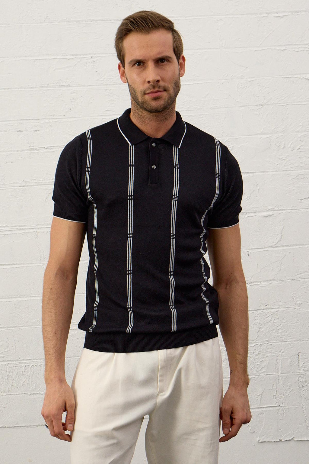 Erkek Slim-Fit Polo Yaka İnce Triko T-shirtKoyu Lacivert 5012DNGR