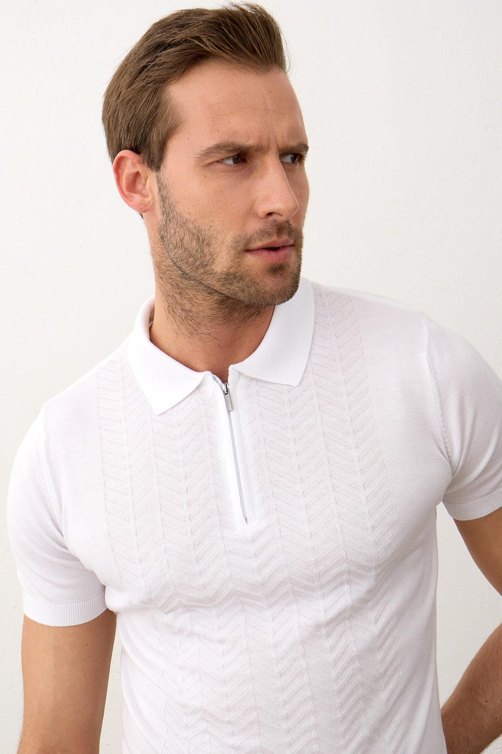 Erkek Slim-Fit Polo Yaka Yazlık Triko T-shirt Beyaz 5006DNGR