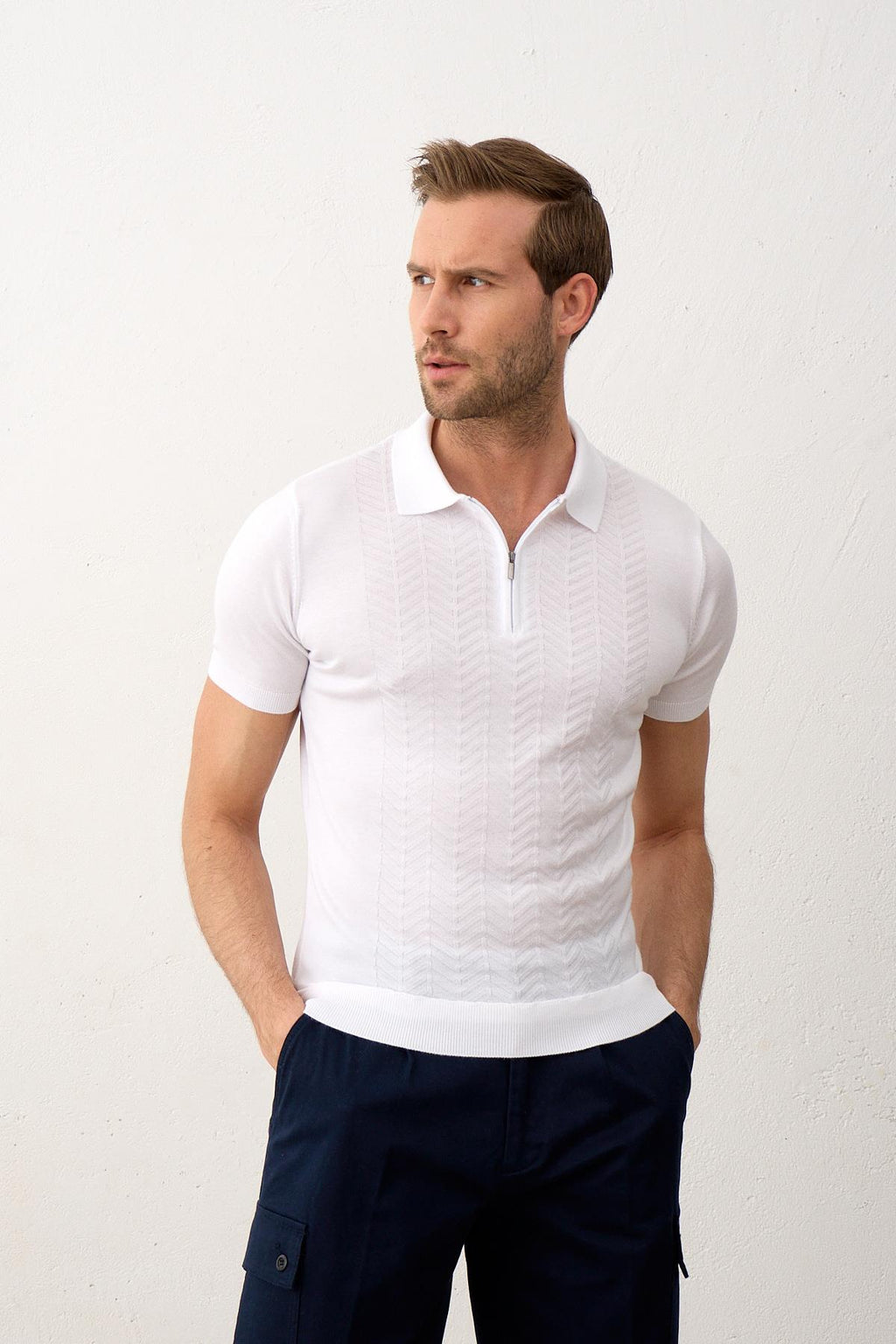 Erkek Slim-Fit Polo Yaka Yazlık Triko T-shirt Beyaz 5006DNGR