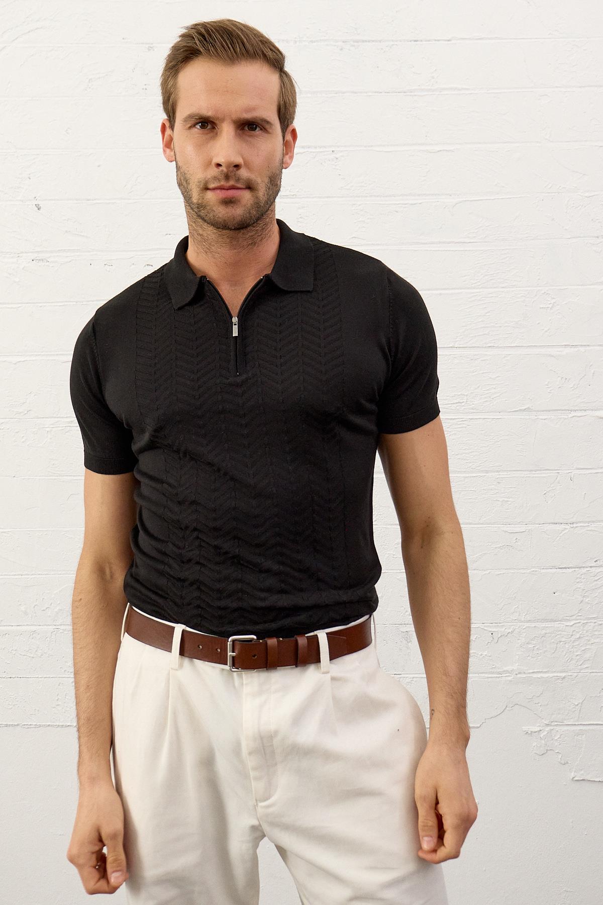 Erkek Slim-Fit Polo Yaka Yazlık Triko T-shirt Siyah 5006DNGR