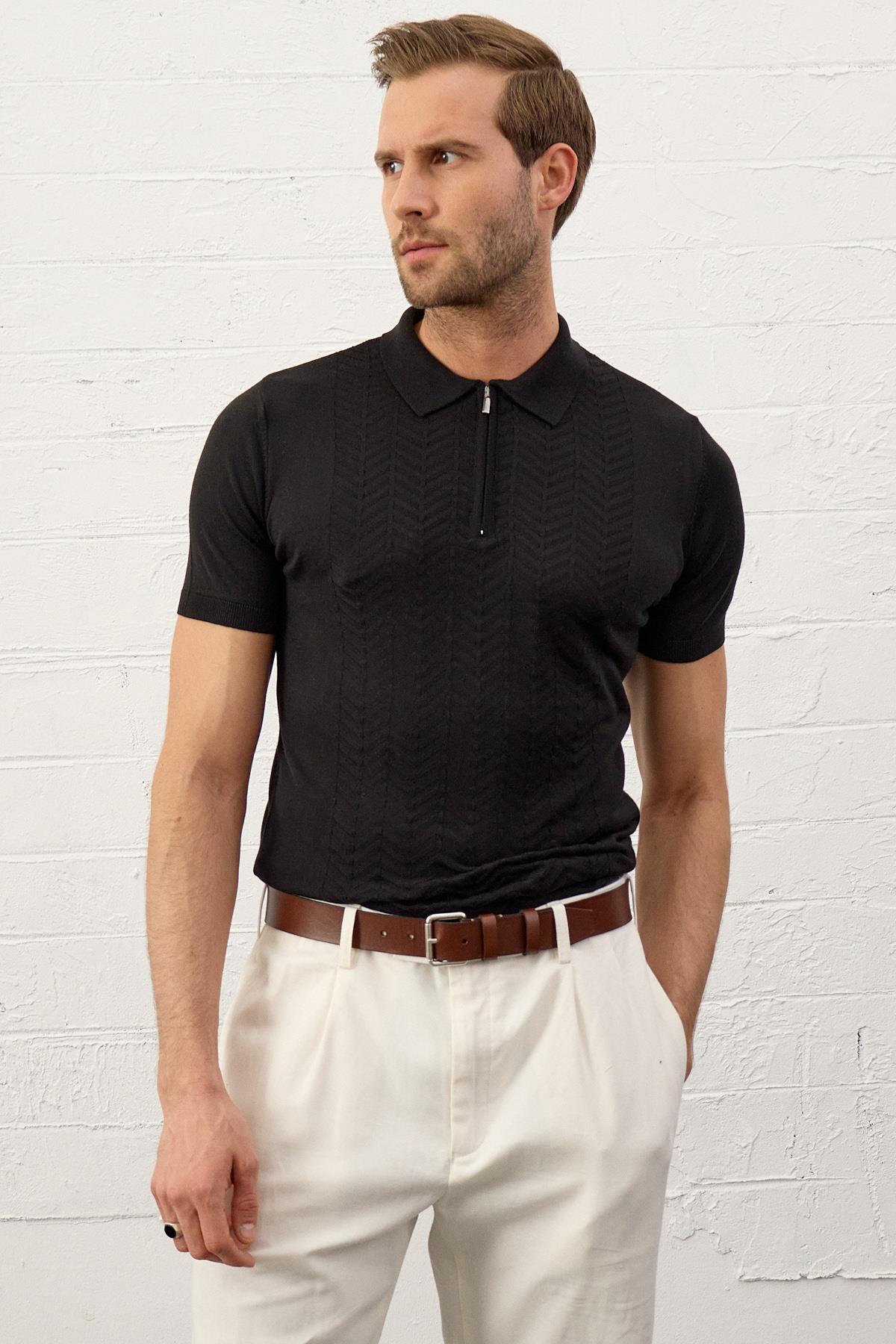 Erkek Slim-Fit Polo Yaka Yazlık Triko T-shirt Siyah 5006DNGR