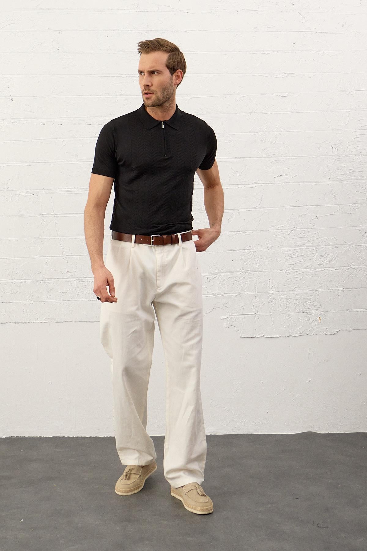Erkek Slim-Fit Polo Yaka Yazlık Triko T-shirt Siyah 5006DNGR